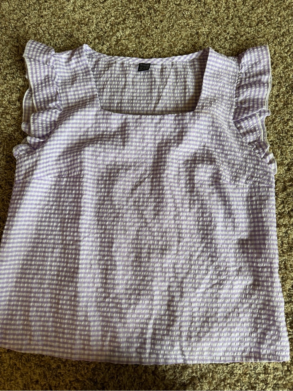 SHEIN Lavender Seersucker Ruffle Sleeve Square Neck Top